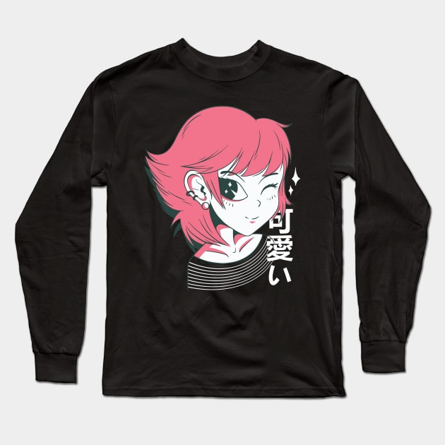 Kawaii Anime Girl Wink Long Sleeve T-Shirt by MimicGaming